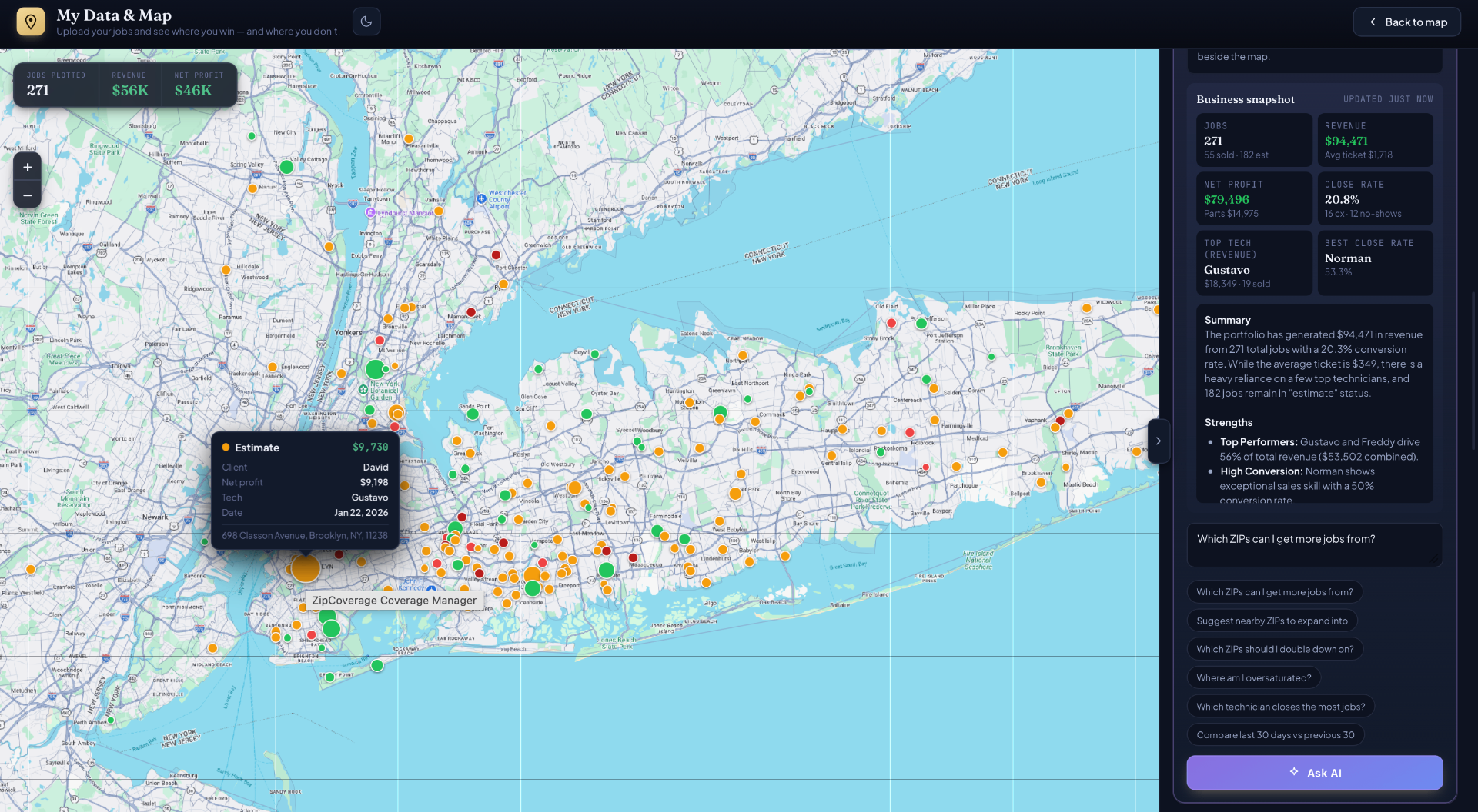 My Data & Map dashboard showing jobs plotted on a map of Long Island with business snapshot and AI insights.